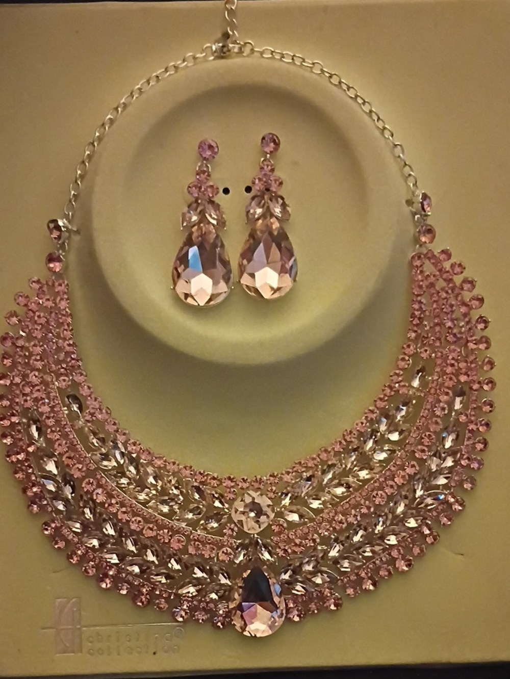 Pink Crystal Teardrop Bib Necklace with Matching Earrings
